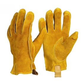 Man Work Gloves Stretchable Tough Grip Leather for Utility Construction Wood Cutting Cowhide Gardening Hunting Gloves 2010 (Color: Yellow-No Logo, size: L)