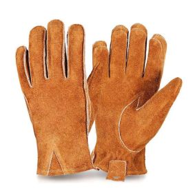 Man Work Gloves Stretchable Tough Grip Leather for Utility Construction Wood Cutting Cowhide Gardening Hunting Gloves 2010 (Color: Coffee-No Logo, size: L)